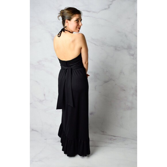 1970s Spiderweb Halter Dress Size Small 70s Halter Gown Vintage Black Maxi Dress - Picture 7 of 9